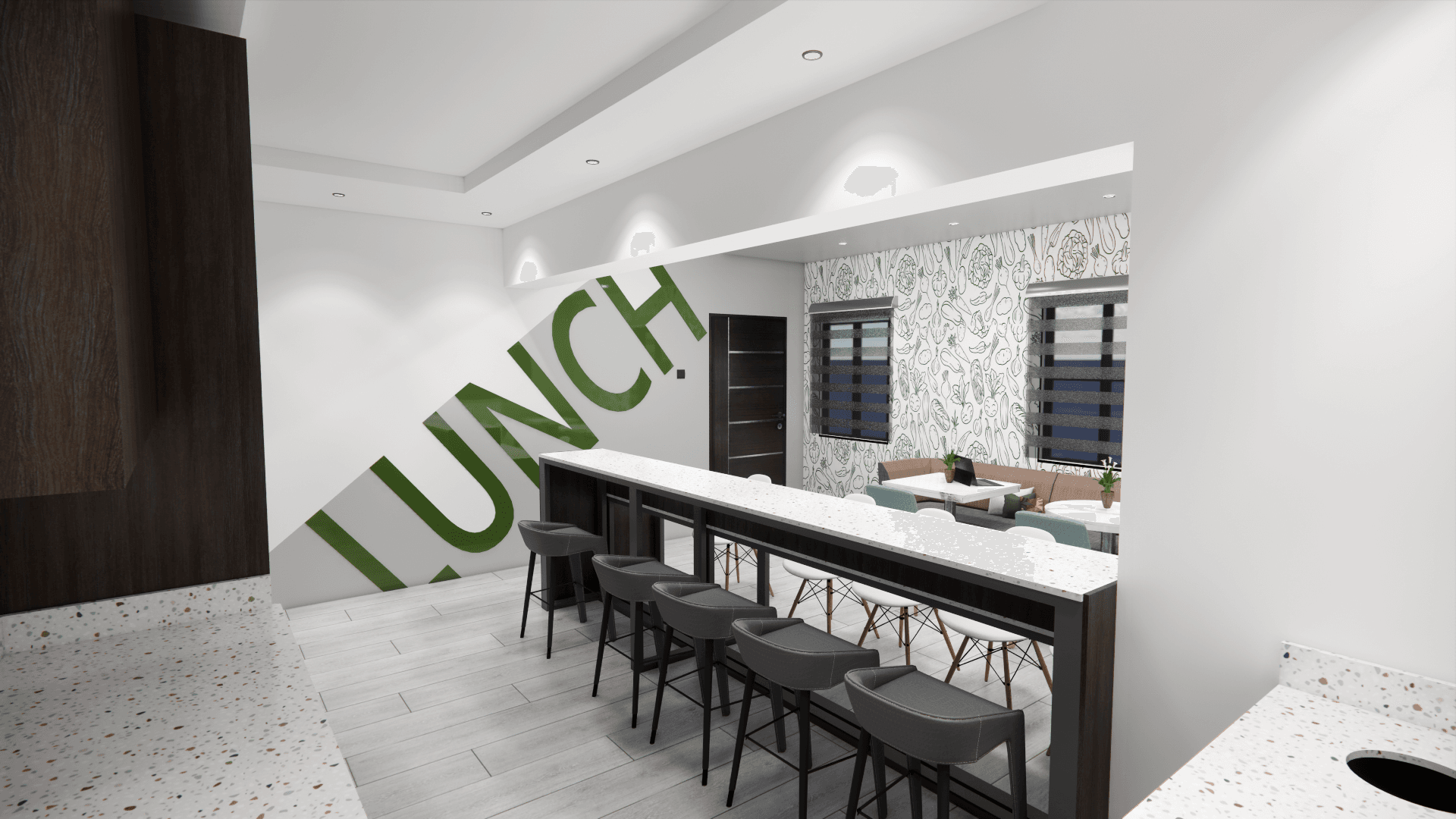 Adino Capital office kitchen and break area — commercial interior fit-out Lagos
