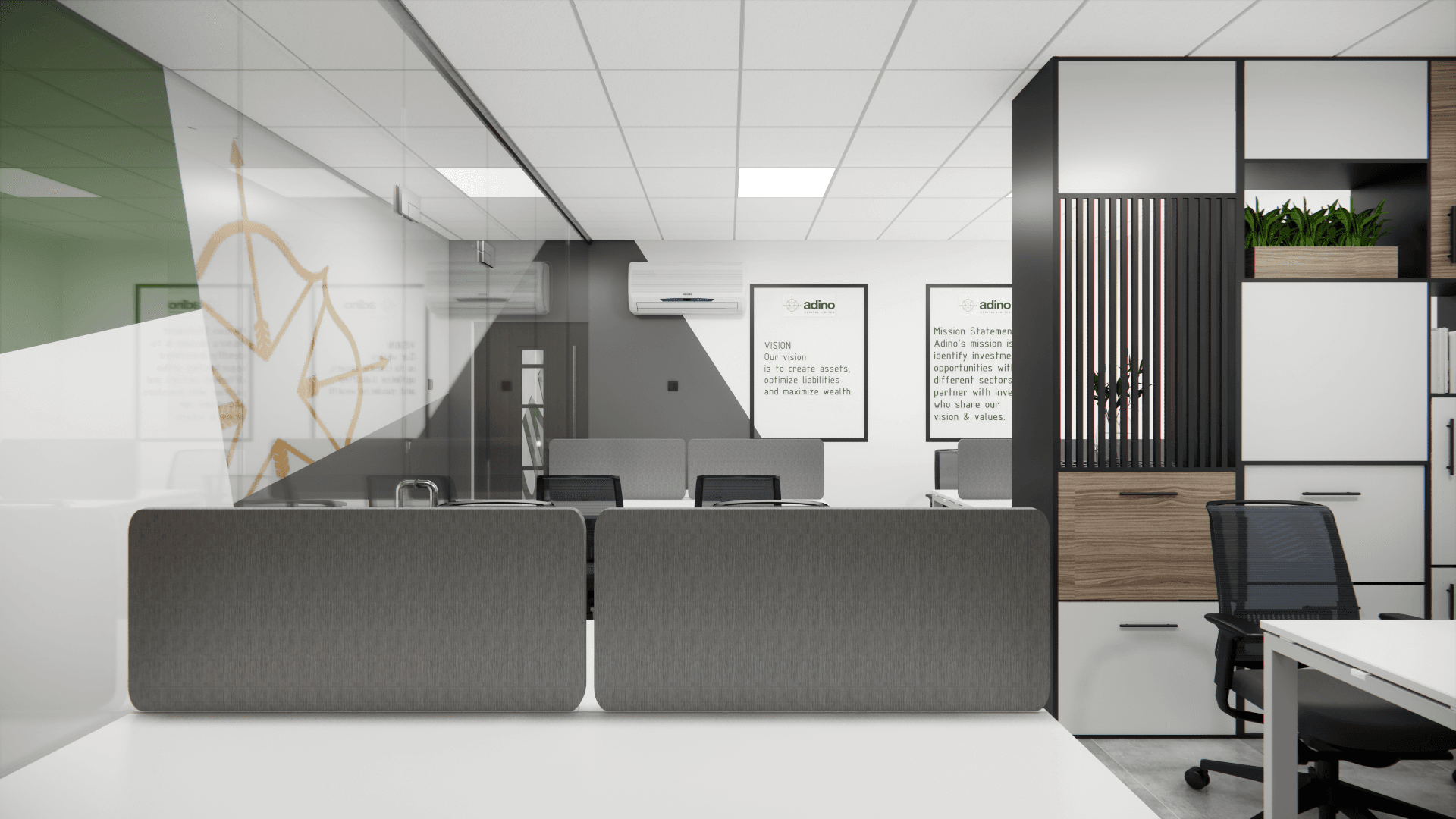 Adino Capital suspended grid ceiling and cafeteria renovation — office interior design in Lagos