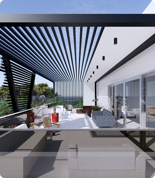 Modern rooftop terrace with louvered pergola, outdoor dining area, and open-air views