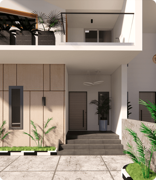 Architectural render of a modern residential building entrance with stone steps and tropical landscaping