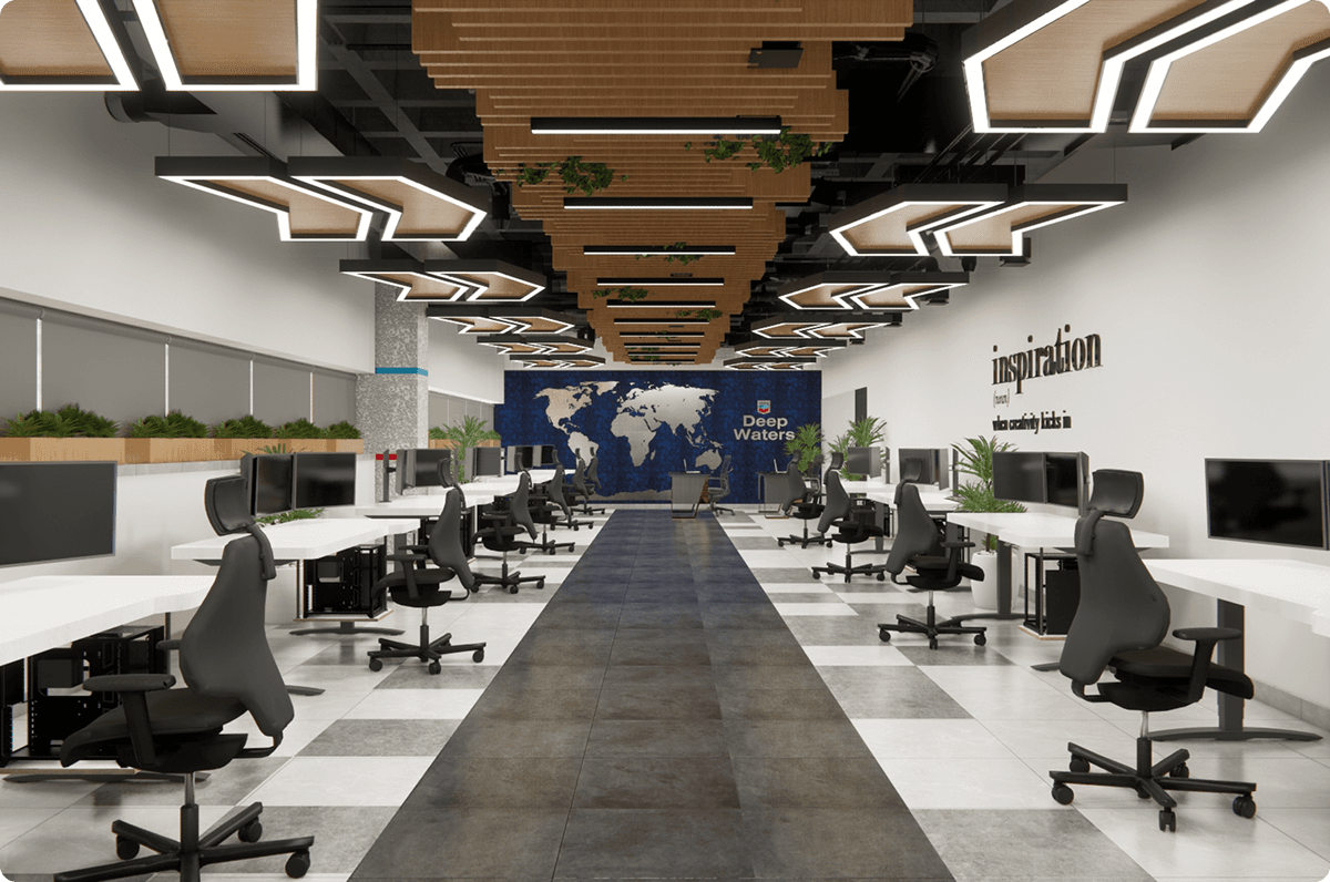 Chevron Deep Waters open workstation area — commercial office fit-out in Lagos by X35 Projects